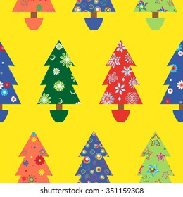 Christmas tree seamless vector pattern with colourful ornate decoration as a fabric detail over yellow background