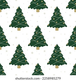 Christmas tree seamless vector patterns. Forest background. Green trees with holiday decorations and snow. Winter festival background.