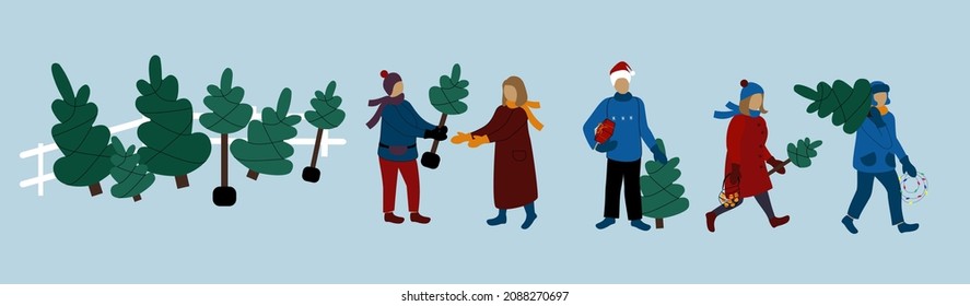 Christmas tree selling and buying flat horizontal vector illustration. Winter season holidays preparation. People in line carrying home traditional New Year festive tree.  December shopping. 