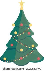 Christmas tree semi flat color vector object. Full sized item on white. Evergreen conifer with holiday decorations isolated modern cartoon style illustration for graphic design and animation