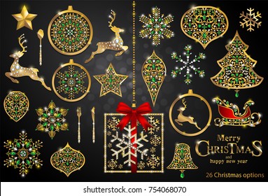 Christmas Tree Set 26 options templates with gold patterned and crystals on background color.
