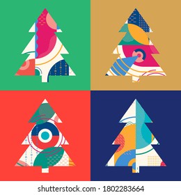 Weihnachtsbaumset mit abstraktem geometrischem Hintergrund. Moderne Xmas Design Vorlage für Grußkarten. Vektorgrafik.