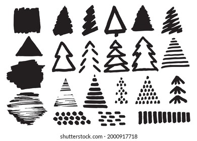 Christmas Tree Set. Abstract Spruce illustration symbol variants. Vector hand drawn marker illustration, imitation brush strokes, textures. New Year, Merry Christmas.