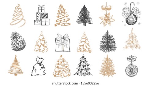 Christmas tree set. Christmas ball set. Hand drawn illustration.