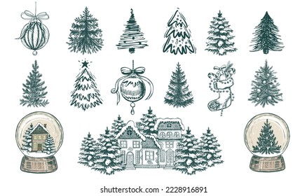 Weihnachtsbaum-Set, Weihnachtskugel-Set. Handgezeichnete Illustration.