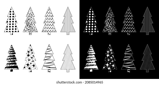 Christmas tree set. Black silhouette on white background. White silhouette on black background. Vector Illustration.