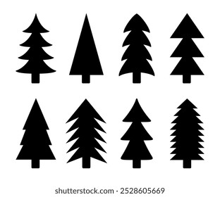 Christmas tree set. Black silhouette. Fir tree collection. Pine trees. Different shape. New Year winter sign symbol. Greeting card, banner, web, sticker template. Flat design. White background. Vector