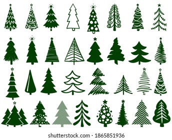 Christmas tree set. Bundle of various Christmas trees isolated on a white background