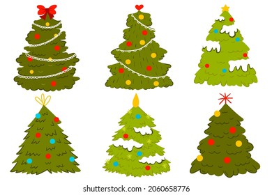 Christmas tree set. Can be used for greeting card, invitation, banner. Christmas trees isolated on white background. Vector illustration