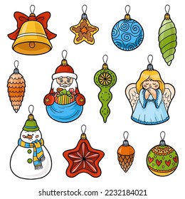 Christmas tree set of cartoon decorations isolated on white background. Vector cute illustration of winter Holidays items. Santa Claus, angel, balls and stars