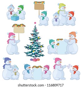 Christmas tree and set cartoon snowman with gifts and a banners for your text. Vector