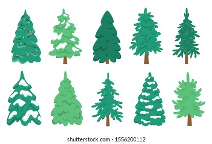 Christmas tree set. Collection of green fir for christmas and new year celebration. Isolated flat vector illustration