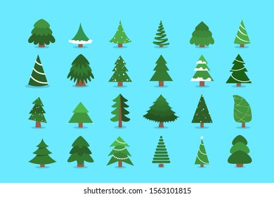 Christmas tree set. Collection of green fir for christmas and new year celebration. Isolated flat vector illustration