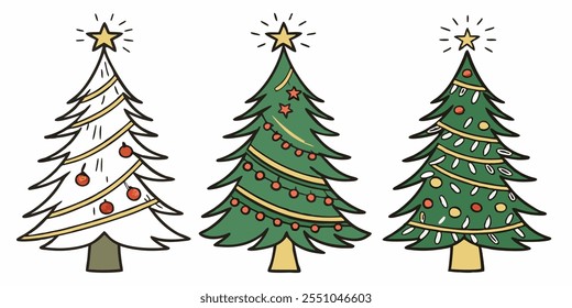 Christmas tree set collections with a prominent star at the top ,Vector illustration with a white background,