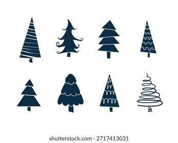 Árvore de Natal definido em estilo de desenho animado plano bonito. Decoração de abetos.