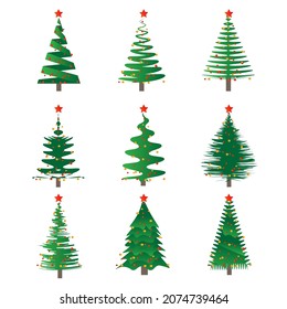 christmas tree set with decorations and stars for banner, web design etc