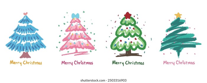 Christmas tree set design element, vector illustration.Crayon drawing