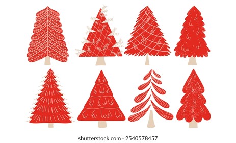 Christmas Tree set. Different abstract red trees. Vector illustration