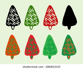 christmas tree set, different red and green color options. a set of a Christmas tree drawn in the style of a doodle with a pattern of green and black intersecting lines, isolated contours and a silhou