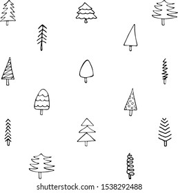 Christmas tree set. Different shapes. Isolated on white background. Doodle style illustration. Suitable for use as gift wrapping