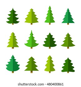 Christmas tree set. Different shapes. Isolated on white background. Flat style vector illustration.