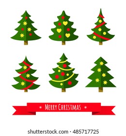 Christmas tree set. Different shapes. Isolated on white background. Flat style vector illustration.