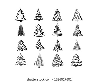 Christmas tree set in doodle style. Simple hand drawn fir collection. Vector illustration.