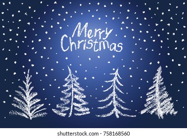 Christmas tree set and falling snowflakes. Like child's drawing funny blue white design. Simple cute fluffy style holiday. Crayon, pencil, chalk like kids hand letter merry christmas text, vector
