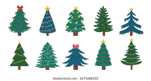 Árbol de Navidad con abetos decorados festivos. Lindos pinos de hoja perenne con estrellas, lazos, guirnaldas y adornos. Colección de vacaciones de invierno. Ilustración vectorial aislada sobre fondo blanco.