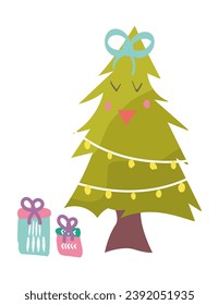 Christmas tree of set in flat cartoon design. This image allow to add whimsical magic to celebrations with cute Christmas tree character, boasting irresistibly playful style. Vector illustration.