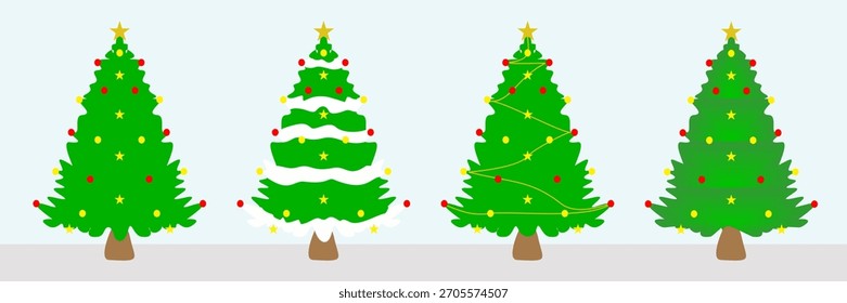 Conjunto de árbol de Navidad. Personajes de dibujos animados de Navidades planas.