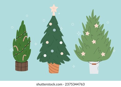 Christmas tree set. Flat vector illustration isolated on a blue background, Merry Christmas and Happy New Year. Christmas decorations, stars and candy cane. Festival poster with Christmas symbols