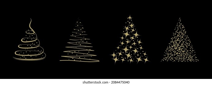 Christmas tree set. Gold silhouette on black background. Vector Illustration.