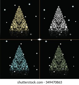 Christmas Tree set in gold, silver, blue and green colors. Vector