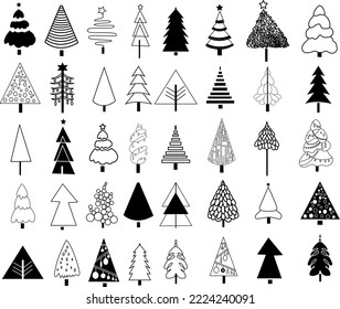 christmas tree set. Christmas tree graphics black and white. Line art Christmas trees.