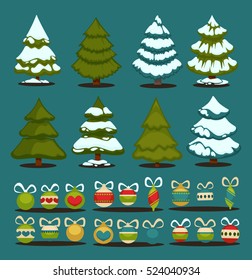 Árbol de Navidad Juego de árboles de navidad verdes y bola de decoración. Navidad de invierno elementos de diseño de árboles de vacaciones de Navidad abeto con nieve y decoración. Estilo de dibujos animados de Navidad. Vector aislado.