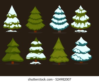 Christmas Tree Set Of Green Trees. Winter Tree Holiday Design Elements: Xmas Fir With Snow. Cartoon Style. Isolated Vector.