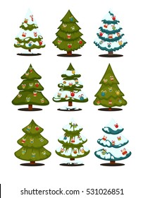 Árbol de Navidad Conjunto de árboles verdes de navidad con bola decorativa. Elementos de diseño de vacaciones de árboles de navidad de Navidad de invierno: abeto de Navidad con nieve y decoración. Estilo de dibujos animados de Navidad. Vector aislado.