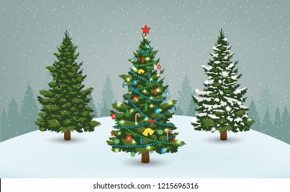 Christmas tree set for greeting card, invitation, banner and web design. Vector illustration