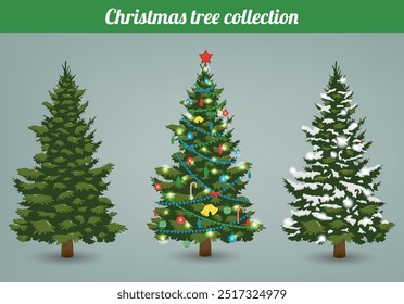 Weihnachtsbaum-Set für Grußkarte, Einladung, Banner und Webdesign. Vektorgrafik