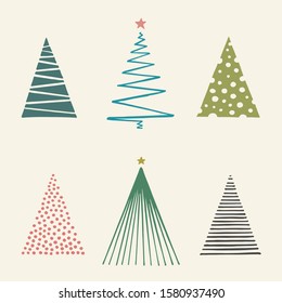 Christmas tree set. Hand drawn vector trees in vintage style. 