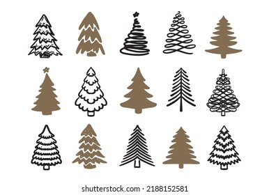 Conjunto de árboles de Navidad, ilustraciones dibujadas por la mano.