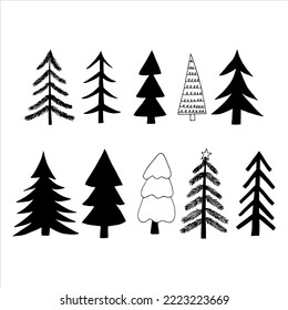 christmas tree set hand drawn in doodle style. silhouette, simple