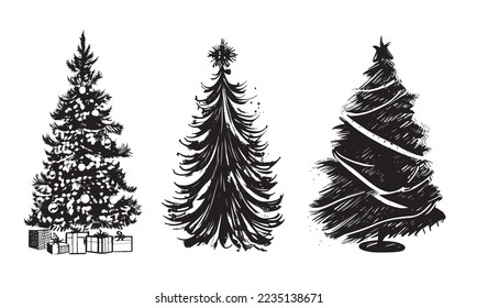 Conjunto de árboles de Navidad, ilustraciones dibujadas por la mano.