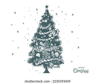 Weihnachtsbaumset, handgezeichnete Illustrationen.
