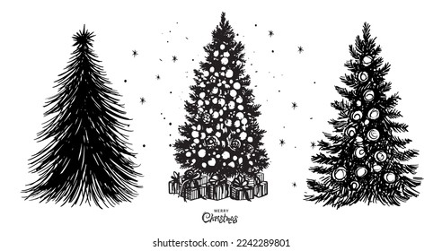Conjunto de árboles de Navidad, ilustraciones dibujadas por la mano.	