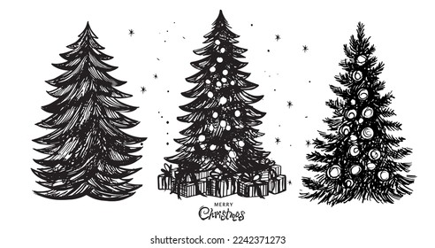 Conjunto de árboles de Navidad, ilustraciones dibujadas por la mano.	