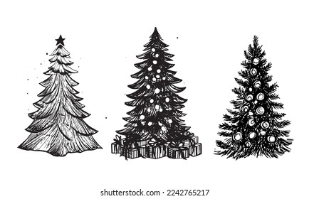 Conjunto de árboles de Navidad, ilustraciones dibujadas por la mano.