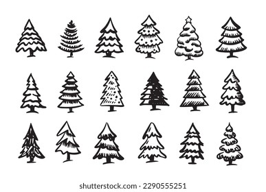 Conjunto de árbol de Navidad, ilustraciones dibujadas por mano	