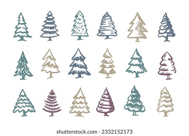 Conjunto de árboles de Navidad, ilustraciones dibujadas por la mano.	